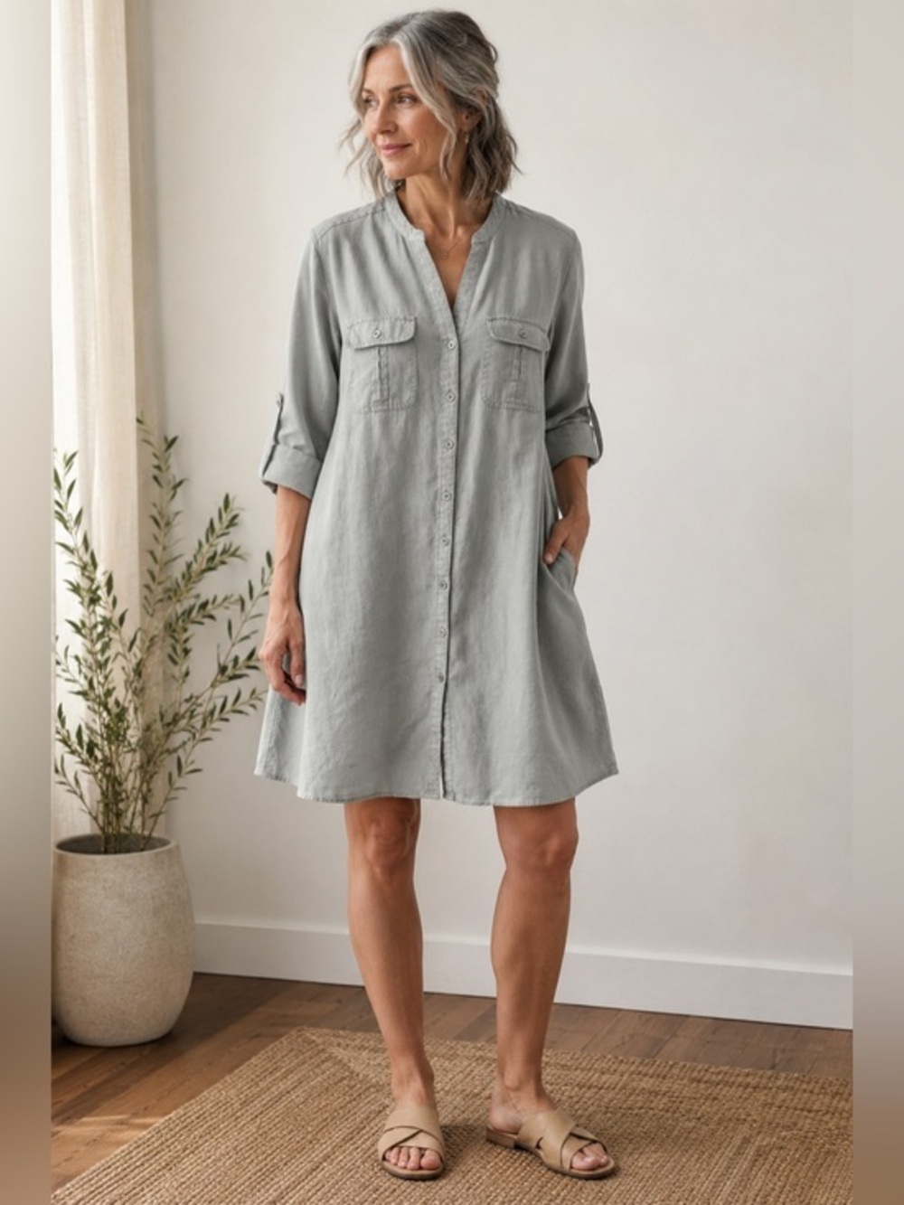 MALVIN Hamburg Germany Linen Shirt Dress Gray Button Front L/10
